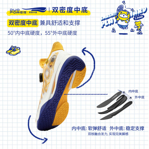 
KUMPOO [Little Yellow Duck Co-branded] Badminton Shoes ACF Double-core Midsole Breathable Sneakers Men and Women G826s White/Yellow/Blue 36