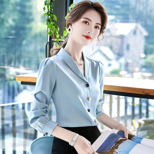 Nanjiren Shirt Women's 2021 Spring New Slim Fit V-neck Women's Top Korean Fashion Versatile Temperament Professional Chiffon Shirt JME071-819-Blue M