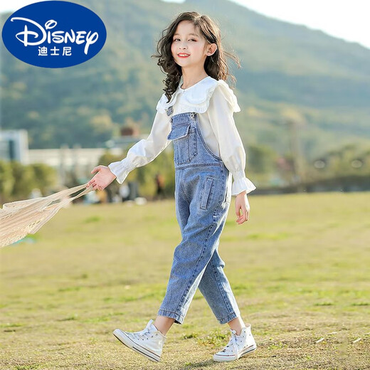 迪士尼（Disney）女童牛仔背带裤2024新款10岁中大童韩版裤子春秋洋气儿童秋装套装 蓝色背带裤 150cm 建议10-11岁
