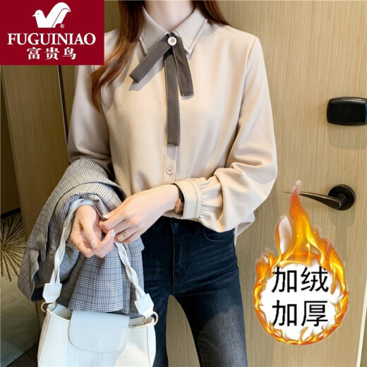 Fuguiniao Brand Bow Tie Shirt Women's Velvet Bottoming Shirt Autumn and Winter Bow Tie Top Western Style Business Wear Inside Thickened Shirt Women's Apricot Color (Fellow Style) M