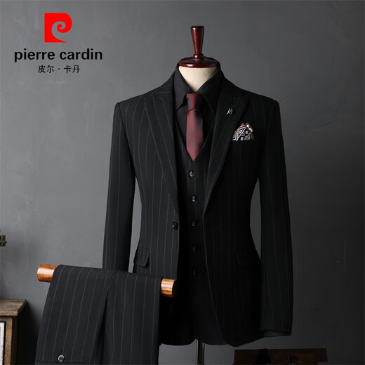 Pierre Cardin Striped Suit Men's Full Groom's Suit British Style Groomsmen's Clothes Business Formal Wedding Suit Men's Black (Suit+Vest+Trousers) S 46(80-100Jin Jin is equal to 0.5 kg)