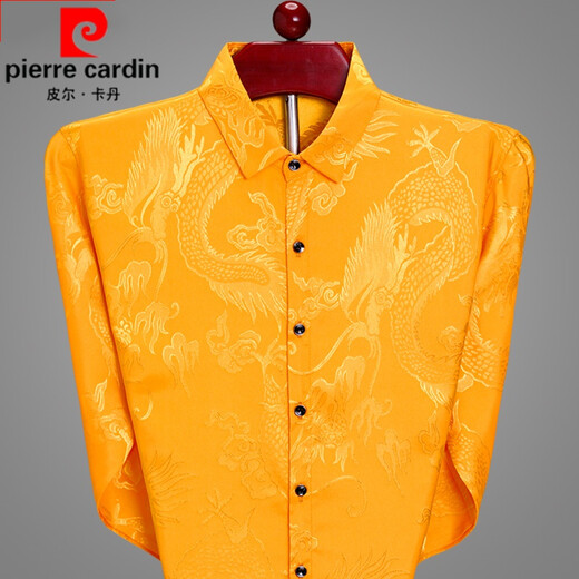 Pierre Cardin high-end men's long-sleeved shirt, iron-free casual shirt, Chinese dragon pattern, middle-aged spring and autumn mulberry silk, thin style, white 170/84A