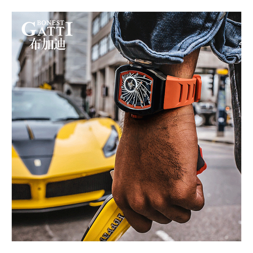 Bugatti (bonest gatti) Barreau de vin allemand Type de baril Bugatti montre l'expression mécanique des hommes Gift de la Saint-Valentin pour petit ami Twilight Orange BG9902