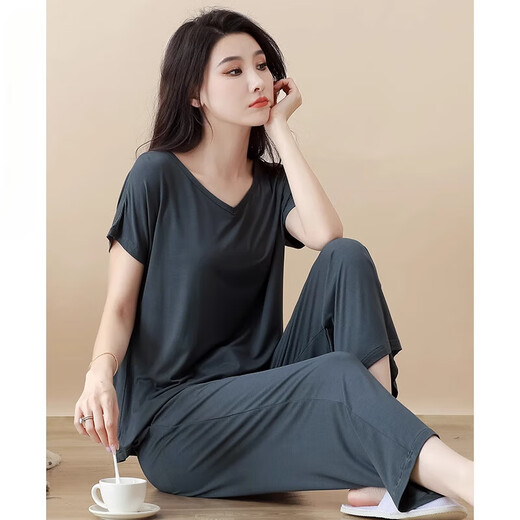 Modal Pajamas Summer Summer Pantalones cortos de manga corta Fina 2025 Conjunto de ropa casera nueva con almohadillas en el pecho para ropa exterior YM841 Gray 2xl