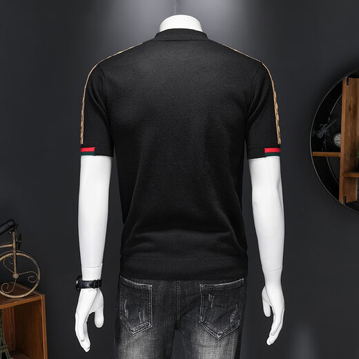 Mr. Guan short-sleeved sweater for men with half-high neck embroidered short-sleeved sweater for autumn and winter thickened half-sleeved sweater for men with middle-neck base shirt 9195 black L/175/50