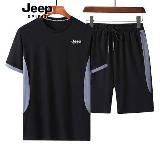 JEEPSPIRIT/Jeep summer short-sleeved T-shirt sports suit men's running fitness wear quick-drying breathable brand authentic casual shorts suit black-shorts XL