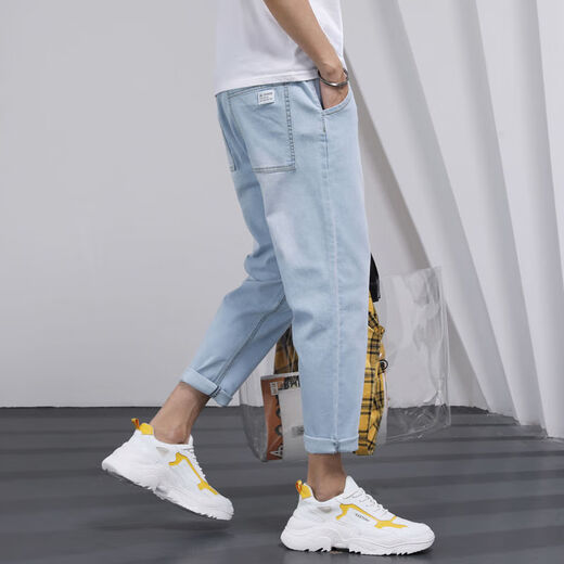 
Zuoyoupin (zuoyoupin) jeans men's cropped pants summer casual straight pants men's fashion boys versatile trendy trousers TC673 light blue L