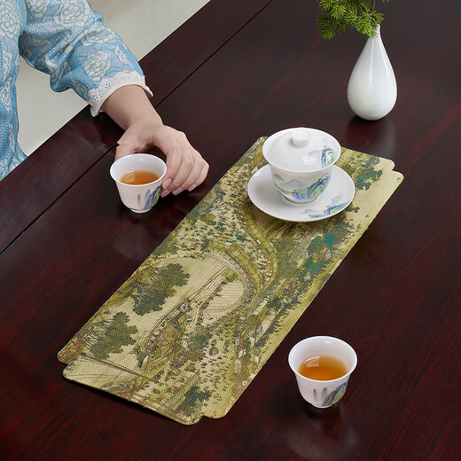 Han and Tang waterproof tea mats, home living room coffee table, tablecloth, tea towel, tea tray mat, Chinese Zen table flag, tea ceremony accessories, Qianli Jiangshan double-sided tea mat (48*18cm)