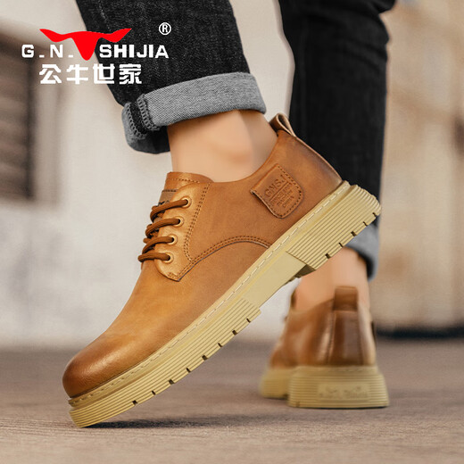 Chaussures pour hommes de la famille Bull printemps et automne 2025 Nouvelles chaussures à tendance à la tendance pour hommes épaisses chaussures en cuir décontractées britanniques pour hommes basses de travail masculin Martin Broots jaunes [Four Seasons Single Shoes] GN12310A126 41 (Taille de chaussures de sport)