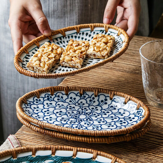 Zhenxiqi Tea Tray Chinese Dessert Tray Ceramic Rattan Fruit Tray Snack Tray Dry Fruit Tray Snack Tray Fruit Tray Small Sauce Ceramic Fruit Tray