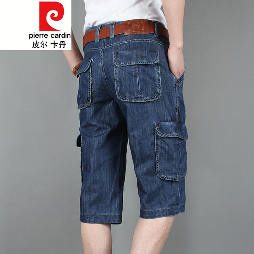皮尔卡丹（pierre cardin）牛仔短裤男七分裤夏季薄款中裤直筒宽松大码中年多口袋工装7分裤 753浅蓝 35码