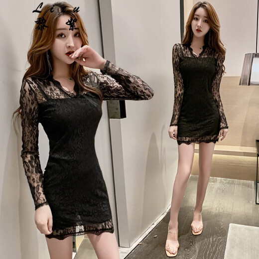 Li Xu Sexy Dress Spring Women's Long Sleeve 2022 Spring New Slim Fit Tight Lace Autumn and Winter Bottoming Hip Dress Short Skirt Black S