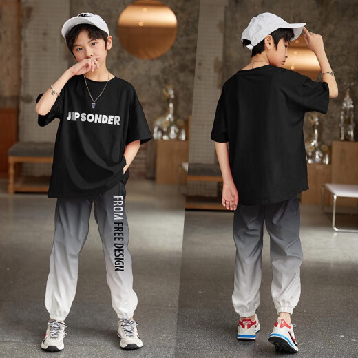 McTicco Boy Suit Summer Camiseta para niños de moda Ropa para niños de moda deportes informales de verano y gran niño moderno a la moda 9767 negro + 5725 gradiente [traje de seda de hielo] 170 tamaño (160-170cm)