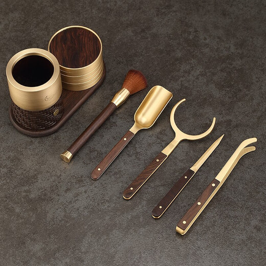 Jiutang Pure Brass Tea Ceremony Six Gentlemen Kung Fu Tea Set Accessories Three-piece Tea Brush Set Tea Brush Knife Needle Clip Tea Coaster Copper and Wood Accessories-Copper Wood Six Gentlemen Cup Holder Cover-Yueyun
