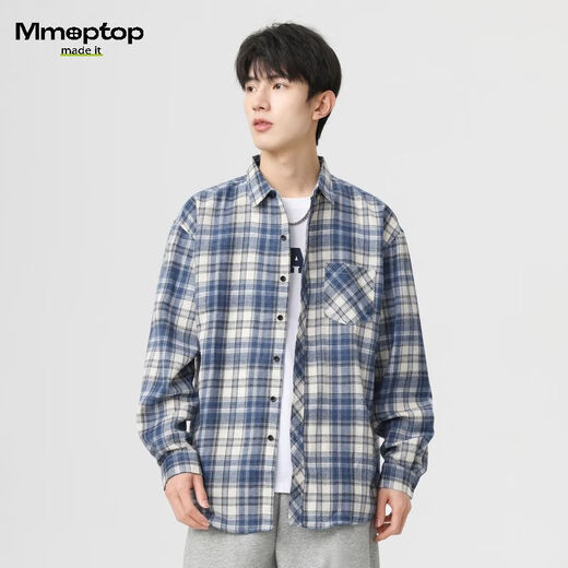 MMOPTOP日系复古长袖格子衬衫男士秋冬季潮流宽松休闲衬衣2209深蓝XL