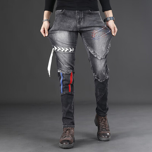 
Autumn and winter new black and gray personality irregular splicing motorcycle jeans men's slim feet fashionable casual trousers LS-9435 black size 28 sizes waist circumference 2 feet 1 90-110Jin [Jin equals 0.5 kg]