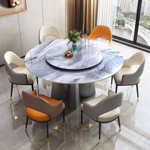 Huaiyin Rock Platte Esstisch mit Plattentisch Haushalt kleine Wohnung Superkristall runder Tisch Moderner einfacher heller Esstisch und Stuhlkombination 880# Kristall Runde Tisch + 6 Beller/Weltraumstuhl 75cm 130*130*