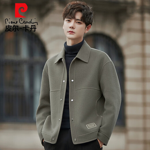 Pierre Cardin spring and autumn double-sided woolen coat men's jacket high-end short woolen coat thickened men's gray green L 175
