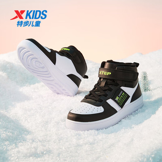 Xtep children's cotton shoes leather surface moisture-proof and stain-resistant high-top sneakers warm and comfortable Velcro high-top sneakers black/new white 31