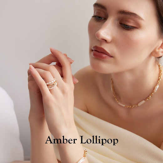 Amber Lollipop Freshwater Millet Bead Ring Women's Versatile Temperament High-end Index Finger Anniversary Birthday Gift for Girlfriend and Wife White (Freshwater Pearl)