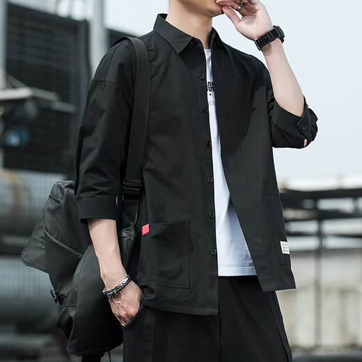 
JEEP SPIRIT Jeep Outdoor Shirt Men's Versatile Solid Color Korean Style Long Sleeve Men's Cropped Sleeve Summer Casual Top Men's Shirt Workwear Light Gray 8829 (Cropped Sleeve) XL