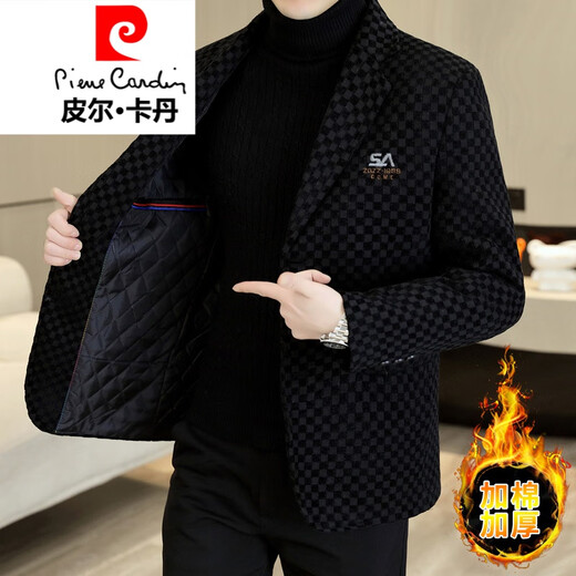 Pierre Cardin Plaid Woolen Suit Men's 2025 Winter New Slim Fit Cotton Thickened Warm Short Woolen Small Suit Jacket Black Thickened Cotton XL 120-135Jin Jin is equal to 0.5 kg