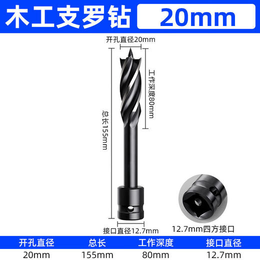 Yanran electric wrench woodworking drill bit four-slot four-edged Luo drill hand electric drill round woodworking punch twist drill hole opener electric wrench four-edged drill 20 mm
