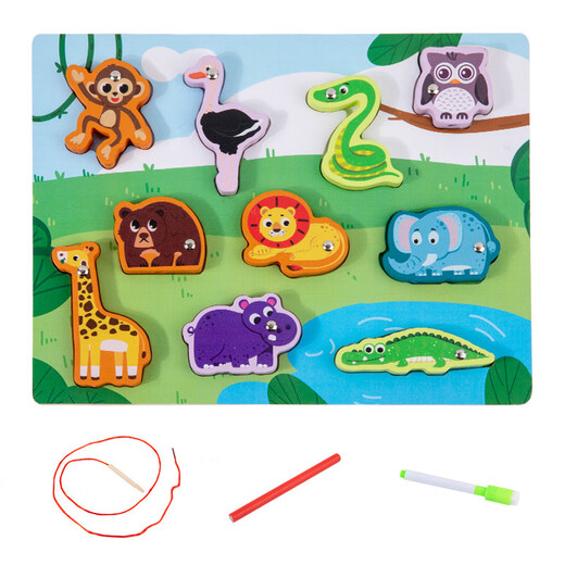 Children's wooden double-sided multi-functional matching board, rope drawing board, children's fishing string jewelry toy, marine biological model