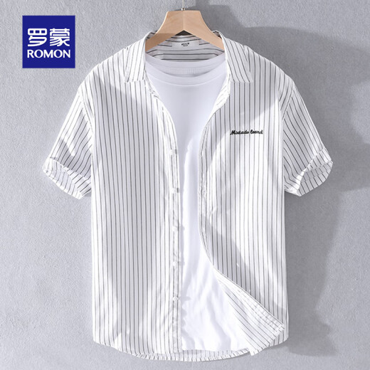 
Lomon men's striped shirt short sleeve loose summer thin Japanese casual versatile cotton shirt summer clothes men's clothes 9740 black 2XL