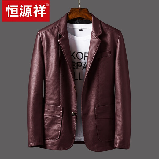 恒源祥皮衣男秋季薄款商务休闲西装潮流秋装夹克中青年爸爸男士西服外套 黑色-小西服皮衣【薄款】 3XL 适合165-185斤