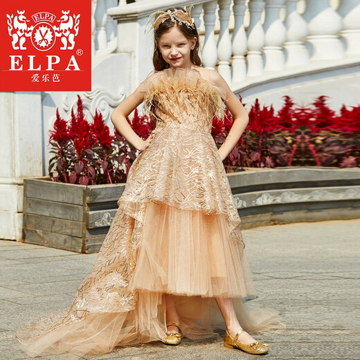ELPA 女童公主裙礼服洋气儿童高端礼服蓬蓬纱花童走秀主持钢琴演出 金色羽毛连衣裙 150