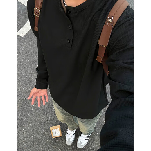Katuchi American Henry collar long-sleeved T-shirt for men in spring and autumn waffle handsome sweatshirt loose casual inner bottoming shirt for men black regular style L