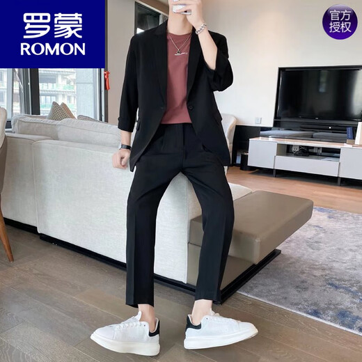 ROMON Summer Thin Casual Three-quarter Sleeve Suit Boys' Sexy and Handsome Small Suit with Mid-Sleeves Street-Friendly Nine-Point Pants Suit Green Suit + Pants S