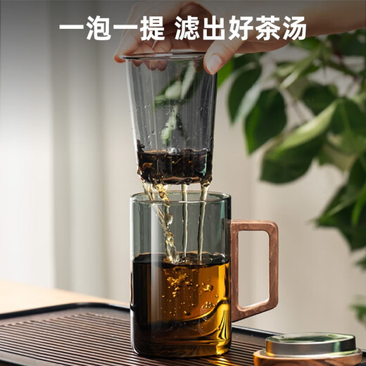 Tianxi (TIANXI) Guanshan Tea Water Separation Cup Glass High-Looking Office Tea Cup High Temperature Resistant Filtration Drinking Water Tea Ceremony Cup Guanshan Tea Cup Green Gray Wooden Handle-500ml