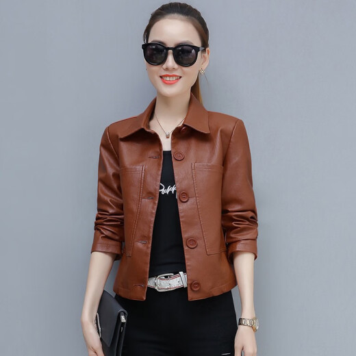 VZVO Short Jacket Women's Leather Jacket 2020 Autumn and Winter New Plus Size Women's Clothes Velvet Thickened Temperament Motorcycle Leather Jacket Slim Short Top Caramel L