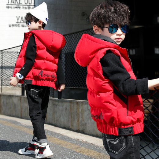 Shangbi Cool Children's Clothing Boys' Vest Jackets Autumn and Winter Clothes 2020 New Style Children's Down Cotton Vest Medium and Large Children's Thickened Hooded Vest Vest Boys' Clothes 3-15 Years Old Red 150 Size [Recommended height is about 1.4 meters]