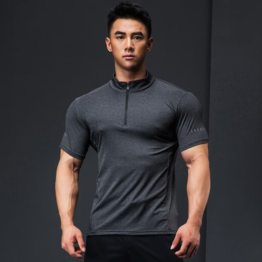 Lutie Dog Fitness Wear Short Sleeve Men's Stand Collar POLO Slim Fit Muscle Showing Quick Drying Breathable High Elastic Coaching Wear T-Shirt Black L