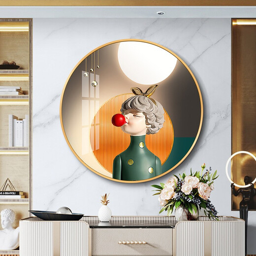 Villa round crystal porcelain painting bedroom decoration painting modern simple abstract cartoon characters children's room hanging painting room bedside painting 13886 Young girl [default black frame] High-transparent crystal porcelain surface diameter 50