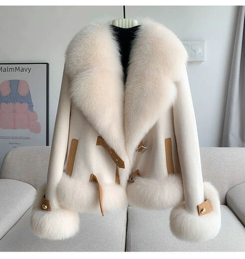 
Pier Cardin temperament fur coat for women, versatile slim down cotton jacket, large fur collar imitation fur top 2025 winter beige M, recommended 90-115Jin [Jin equals 0.5 kg]