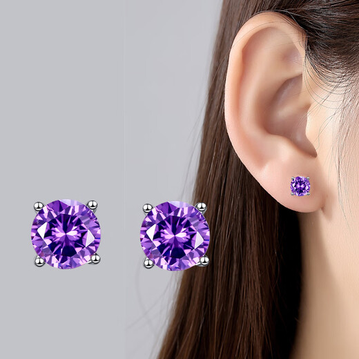 Timebetter natural amethyst silver earrings for women simple and elegant four-claw light luxury fashionable purple earrings birthday gift certificate natural amethyst silver earrings/gem diameter about 6mm