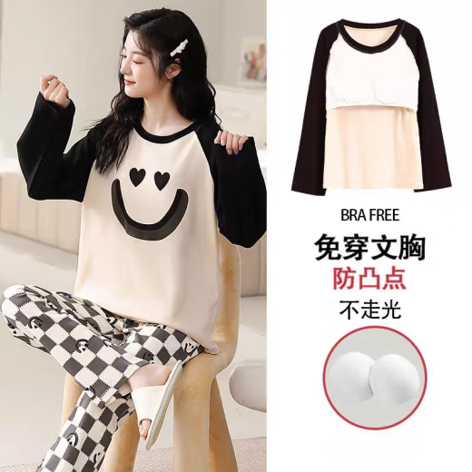 浪莎（LangSha）带胸垫纯棉睡衣女春秋长袖可外穿韩版卡通全棉秋冬家居服套装 9207(带胸垫棉) M 建议80-105斤】