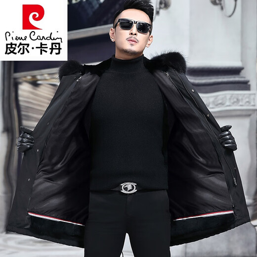 Pierre Cardin parka men's mid-length removable mink lining mink fur coat rabbit fur winter coat black (rabbit fur lining version/sleeves with cotton) L 170/ standard size