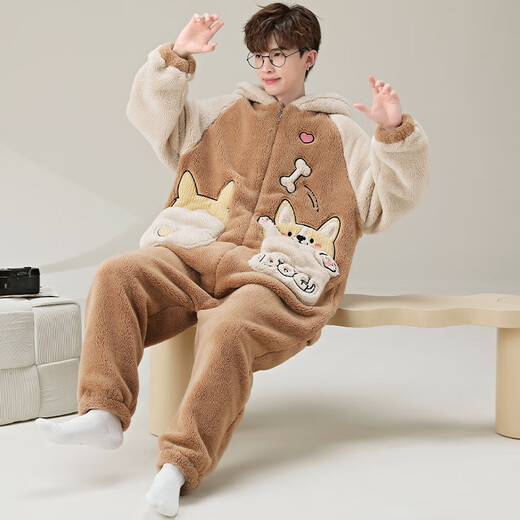 少年情话睡衣男秋冬款加绒加厚珊瑚绒带帽冬天休闲家居服套装可外穿连体衣 YPF3893哈士奇 男XXL(150-185斤)