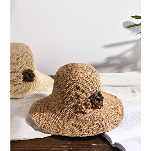 Jiashengxi Strohhut Frauen Sommer faltbarer Strandhut Frauen Urlaubsschutz Hut Frauen koreanischer Stil vielseitiger Sonnenhut Khaki Verstellbar M (55-57 cm)