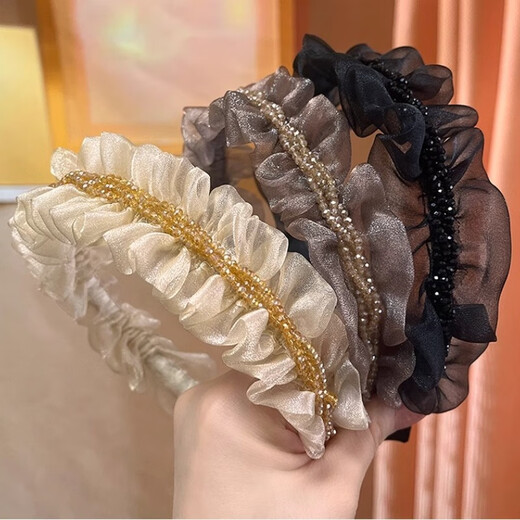 WEISHINI temperament mesh pleated crystal headband high-ceiling girl press hair to show face small hairpin face-washing girl new hair accessories 1# organza crystal headband-black A12-302