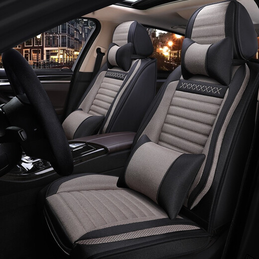 Coussin de siège d'auto omanu quatre saisons en lin universel entièrement fermé couvre de siège d'auto tissu couvercle coussin de siège respirant adapté à la version luxueuse riz chauds Peugeot 301 308 408 4008 5008