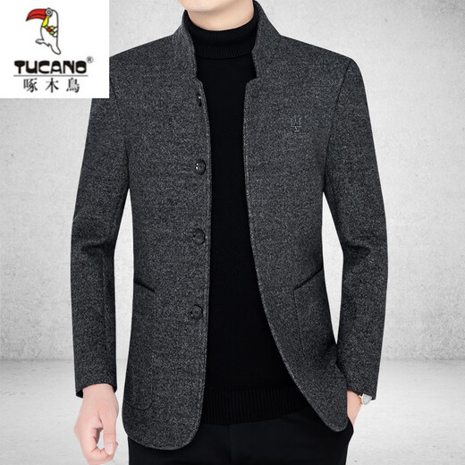 Woodpecker (TUCANO) high-end men's woolen jacket for men 2023 autumn and winter new stand-up collar thickened woolen coat dad wear black gray cotton style XL 180 suitable for 140-155Jin Jin equals 0.5 kg