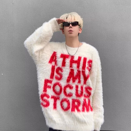 Finidongjue alphabet printed couple sweater autumn and winter American fashion brand loose pullover knitted sweater lazy style jacket men black A761 L