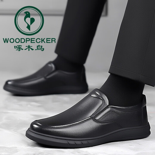Capa de la cabeza de Woodpecker Cawhide Soft Sole Men's Business Casual Cuero zapatos de cuero de moda para hombres Baita Shoes informales de un pie de un pie 6629 Negro (estilo de cordón) más zapatos de algodón de terciopelo 40