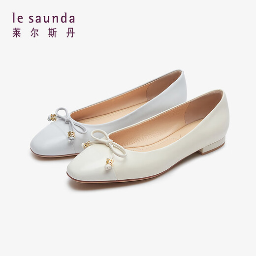 Lairsdan Spring new elegant bow ballet flat heel flat women's shoes round toe leather single shoes 5M15602 Grey GYK 38